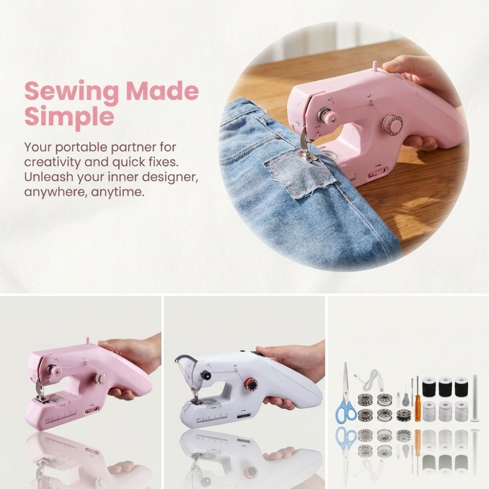 Mini Electric Sewing Machine Handheld - ماكينة خياطة كهربائية محمولة باليد، مزودة